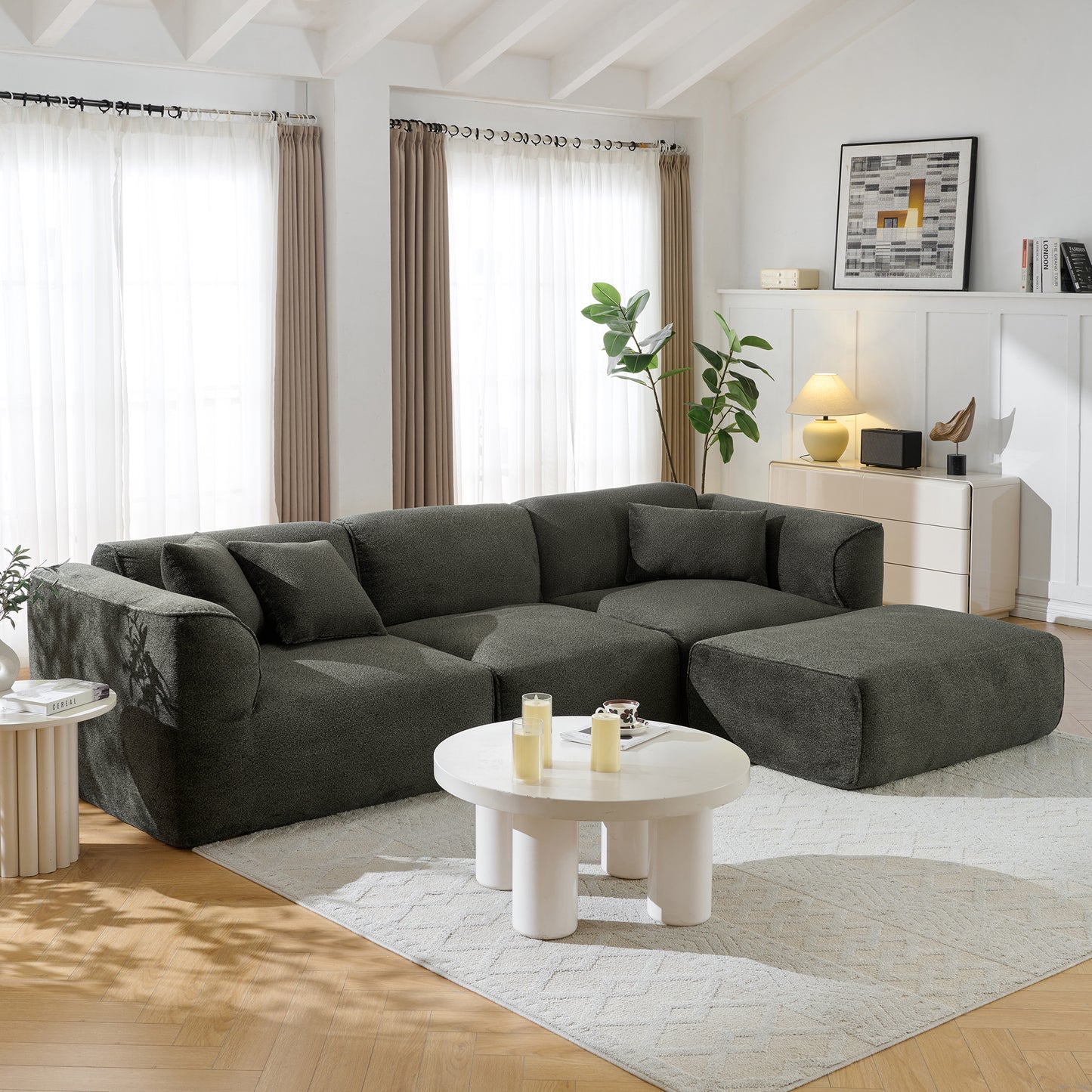 Velvet Sectional Sofa with Ottoman and Pillows