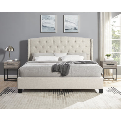 Beige upholstered bed with tufted headboard in a bedroom setting.