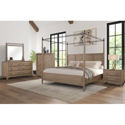 Wooden bedroom set with canopy bed, dresser, mirror, and nightstands in a room with large windows.