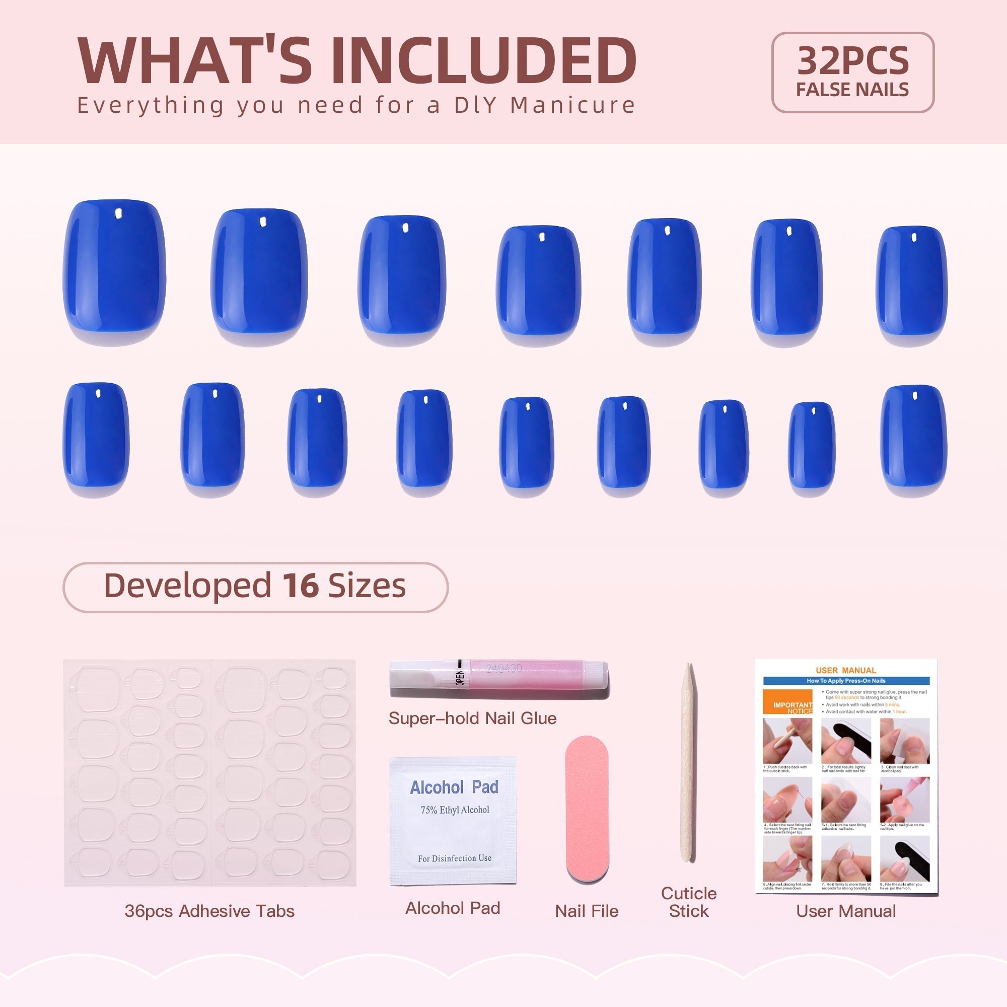 Gel Press On Nails 16 Sizes-32 Pcs Kit F056 MH-5