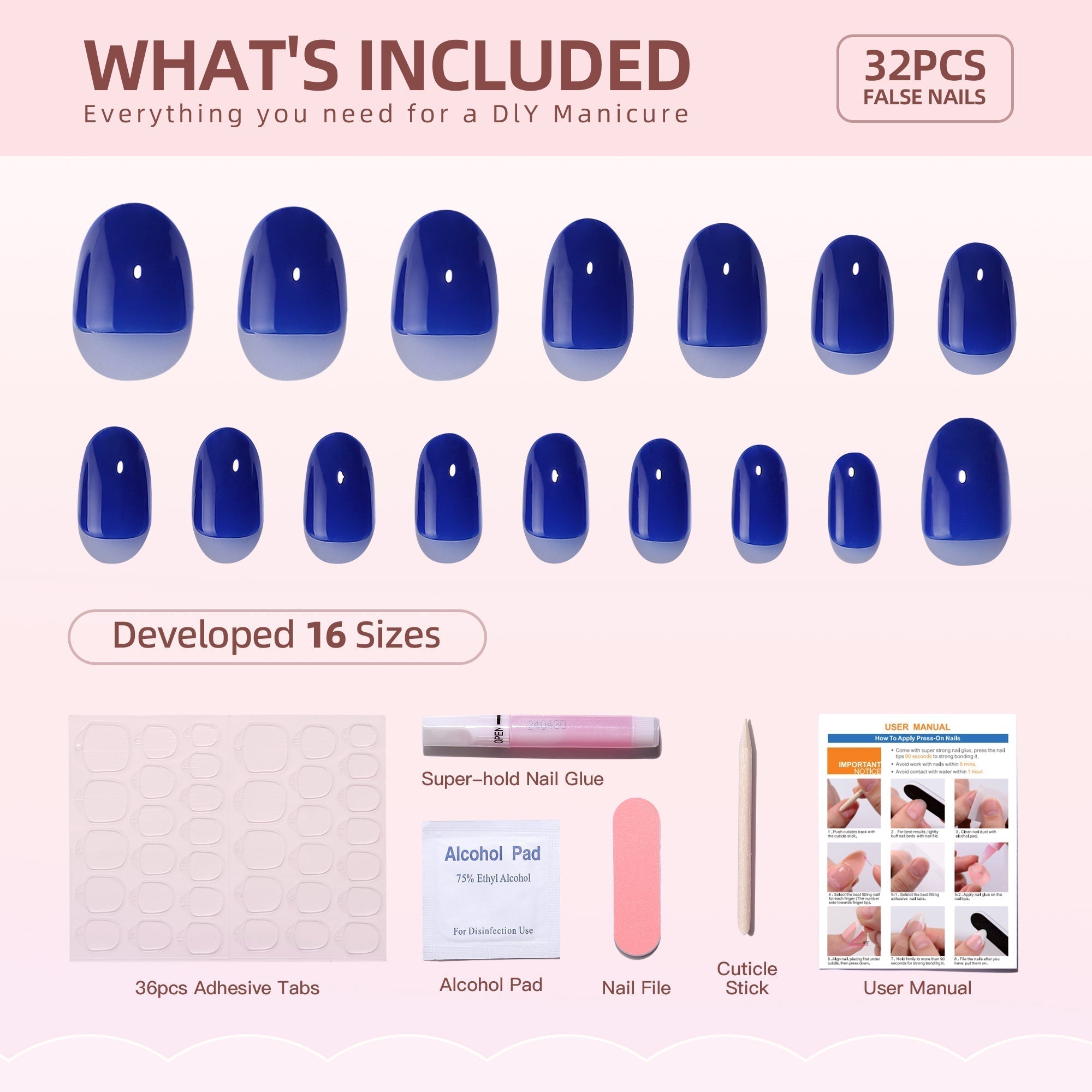 Gel Press On Nails 16 Sizes-32 Pcs Kit F011 MH-4
