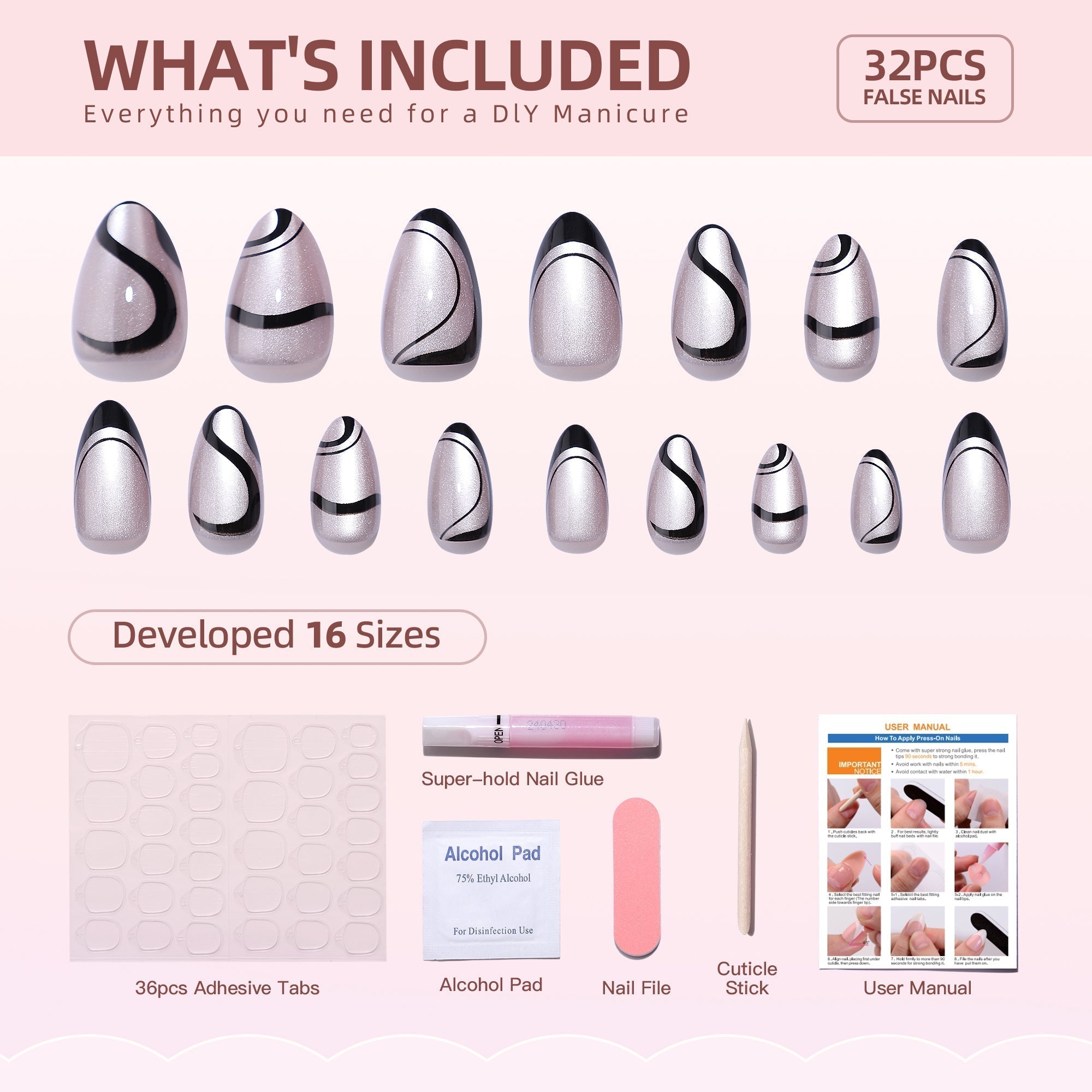 Gel Press On Nails 16 Sizes-32 Pcs Kit XNMY188