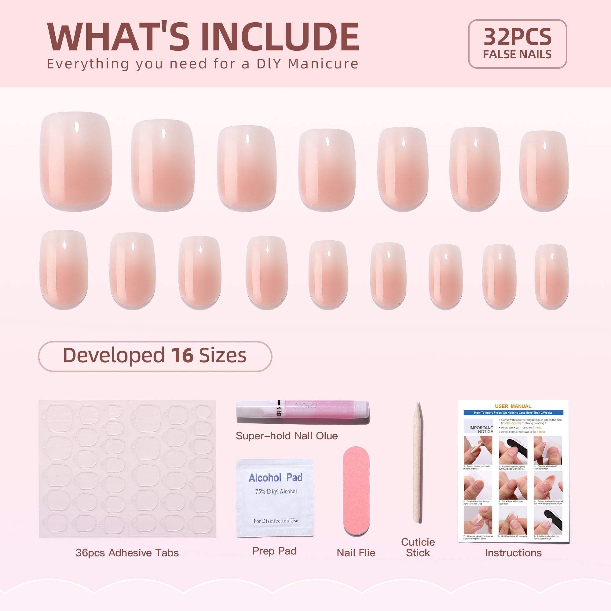 Gel Press On Nails 16 Sizes-32 Pcs Kit XNPH1767