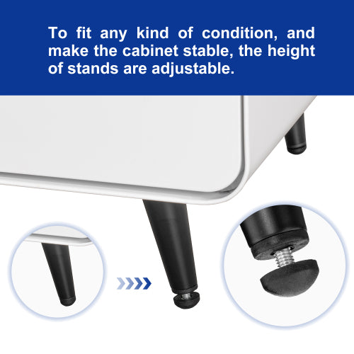 Adjustable cabinet stands with text explaining their versatility.