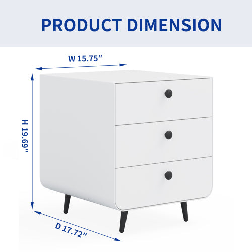White nightstand with dimensions labeled on a white background