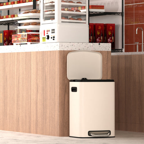 Beige trash can with a white lid in a kitchen setting