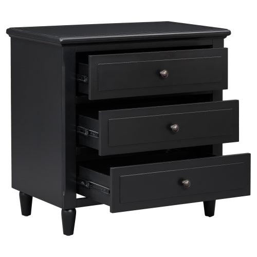Black dresser with three drawers on a white background