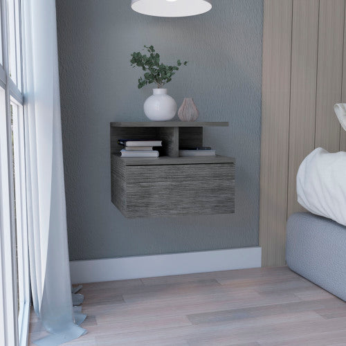 Wall-mounted floating shelf with decorative items in a bedroom setting