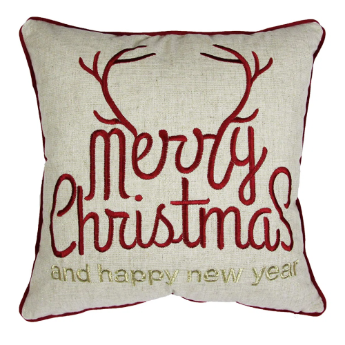 Decorative pillow with 'Merry Christmas and happy new year' text 