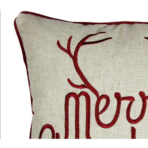 Merry Christmas and Happy New Year Throw Pillow 20x20 with linen-look fabric and gold accents on sofa