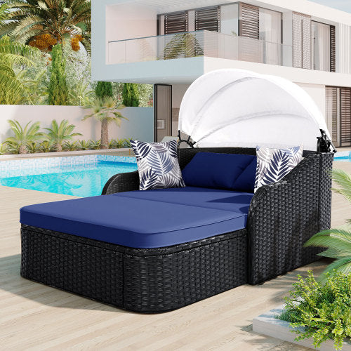 Outdoor Sunbed with Adjustable Canopy, Double lounge, PE Rattan Daybed, Black Wicker and Blue Cushion