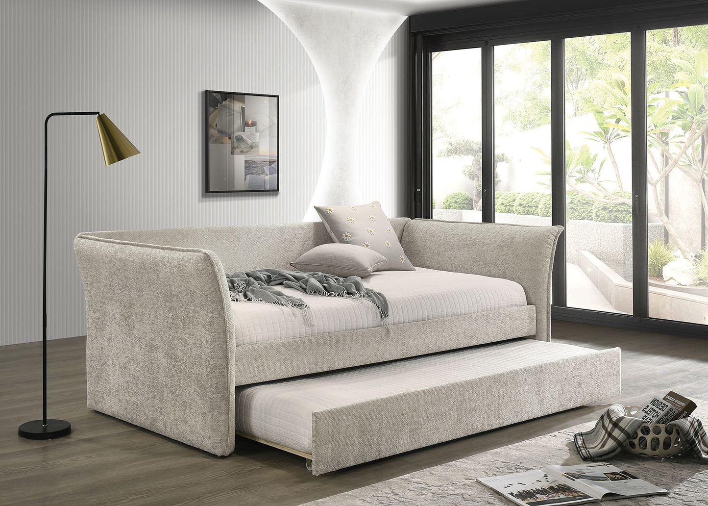 Twin Daybed with Trundle Flared Arms Fabric