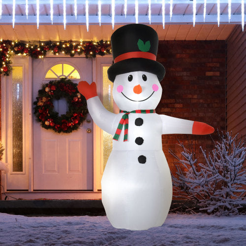 Inflatable snowman decoration in front of a house with Christmas decorations.