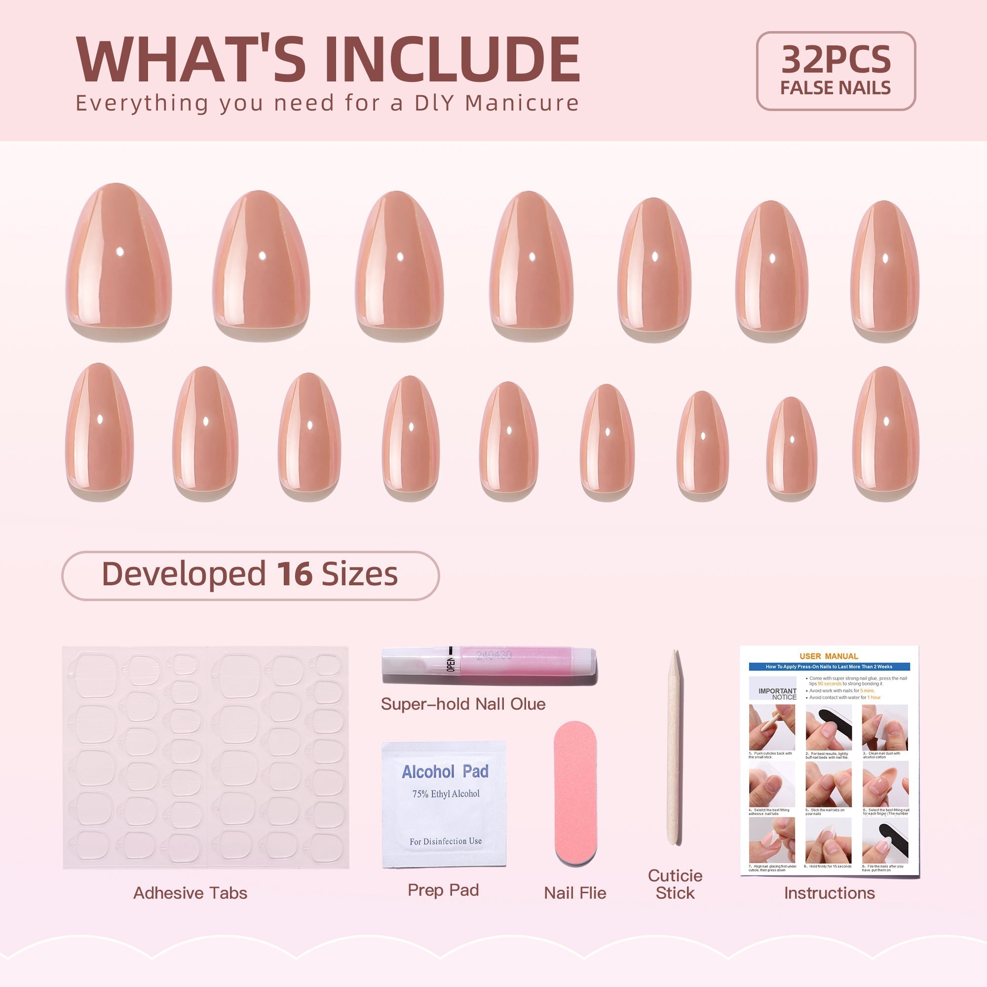 Gel Press On Nails 16 Sizes-32 Pcs Kit XNQC123