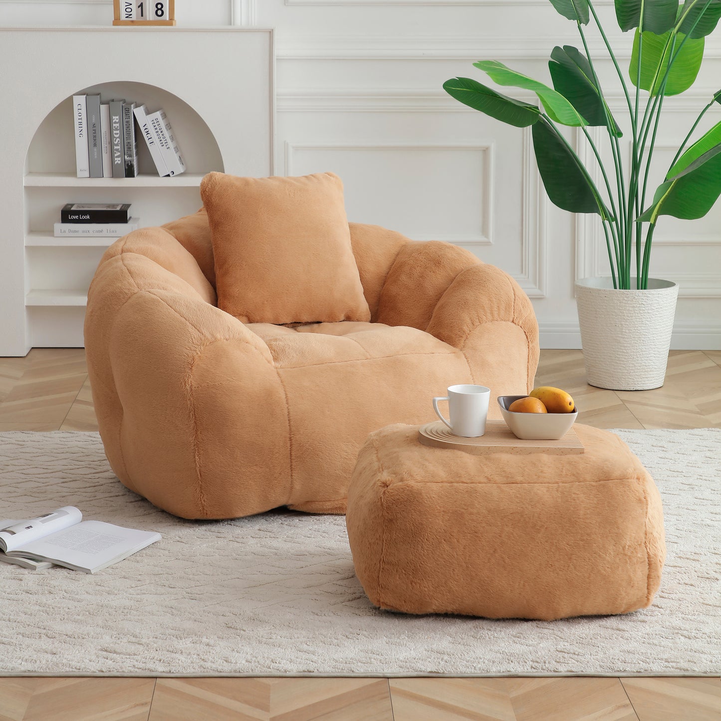 Shell Shaped Bean Bag Chair Faux Fur Footstool