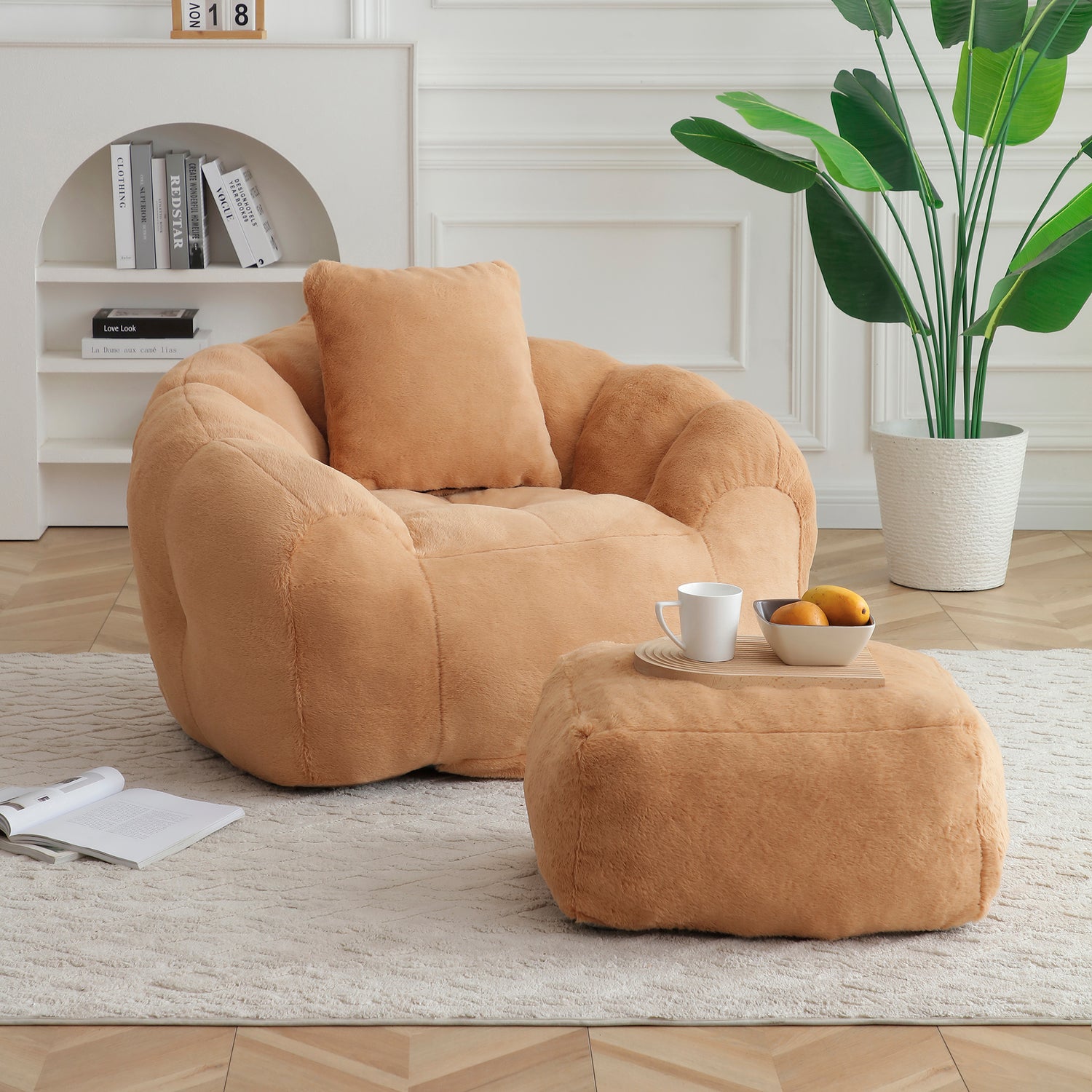 Shell Shaped Bean Bag Chair Faux Fur Footstool