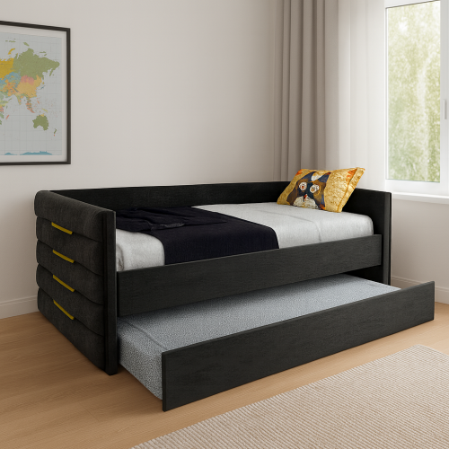 Modern twin size daybed with trundle in black velvet and gold accents