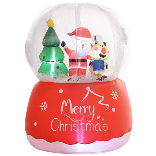Christmas-themed snow globe with Santa Claus, reindeer, and Christmas tree inside a clear ball on a red base with 'Merry Christmas' text.