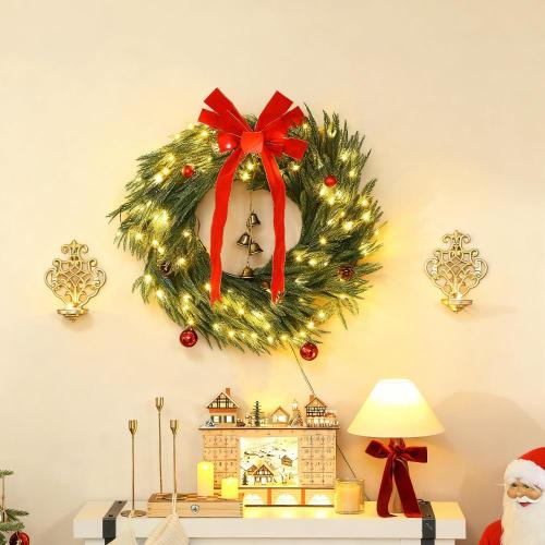 Christmas wreath for front door with LED lights and ornaments, prelit holiday decoration