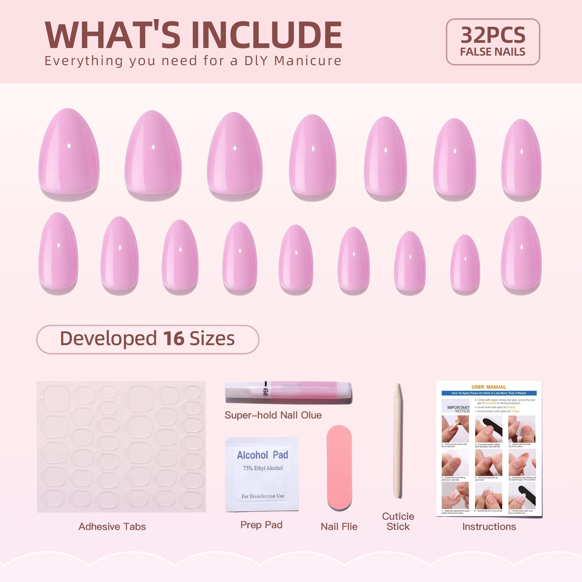 Gel Press On Nails 16 Sizes-32 Pcs Kit A283