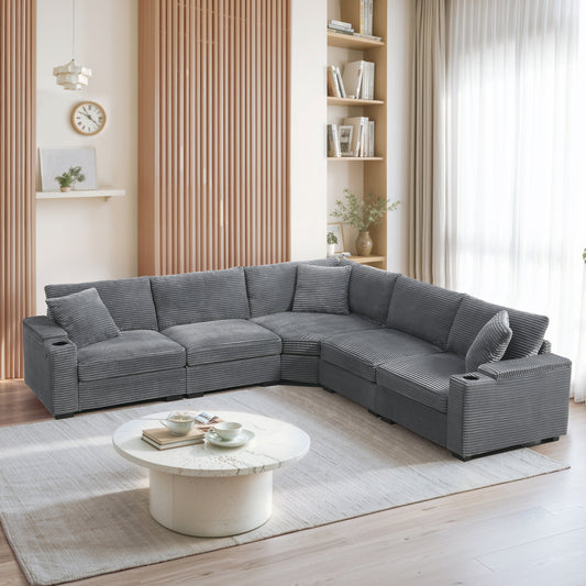 Corduroy L Shaped Sectional Sofa Storage USB Cups