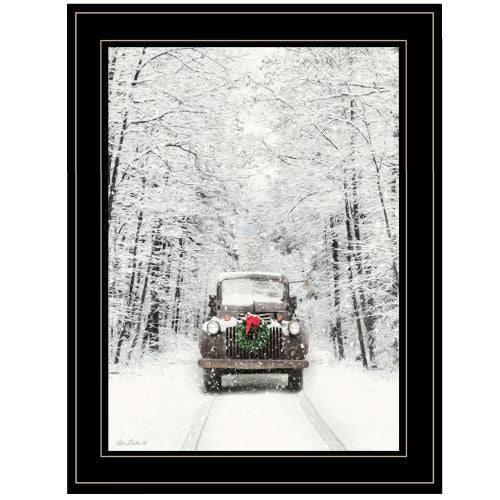 Antique Christmas framed wall art hanging above mantel, cozy living room holiday decoration
