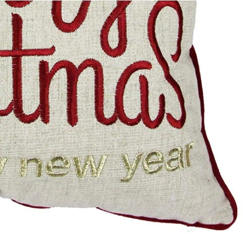 Detailed view of Merry Christmas and Happy New Year pillow, modern festive décor for home