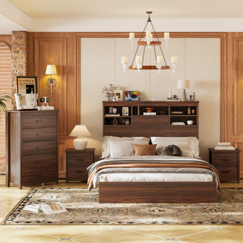 Wooden bedroom furniture set with bed, dresser, and nightstands in a well-lit room.