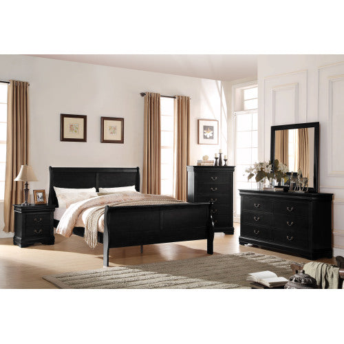 Black bedroom furniture set with bed, dresser, and nightstands in a room with curtains and decor.