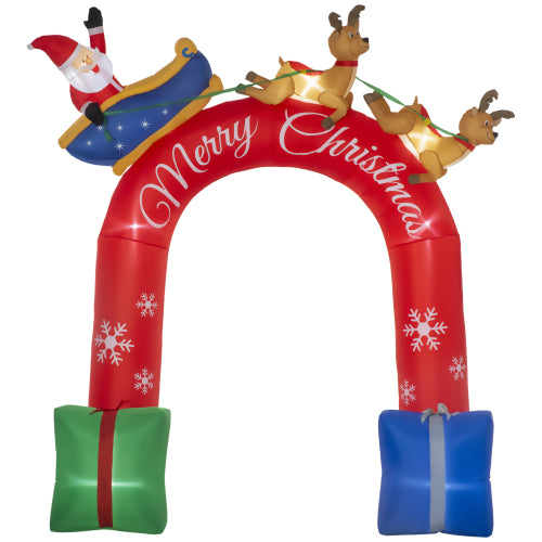 Inflatable Christmas arch with Santa Claus, reindeer, and presents