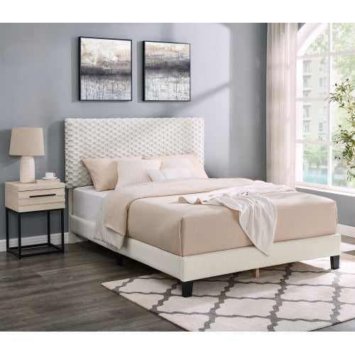Beige bed with tufted headboard in a modern bedroom setting.