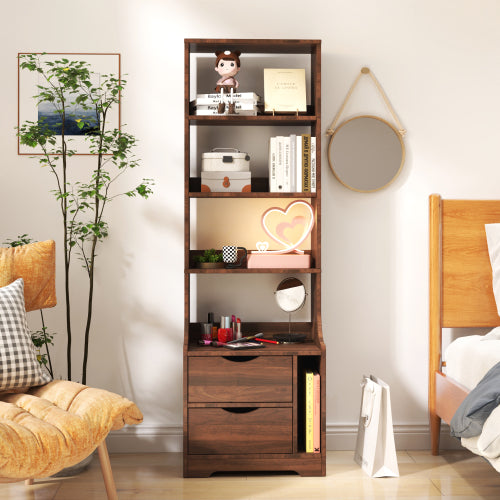 Wooden bookshelf in a bedroom with books, decor items, and a plant.