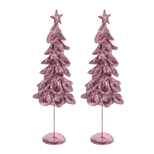 Two glittery pink Christmas trees with star toppers