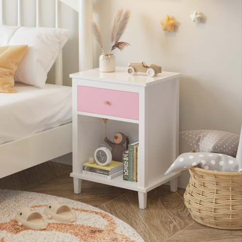 White nightstand with a pink drawer in a child's bedroom