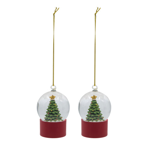 Two Christmas tree snow globes with red bases